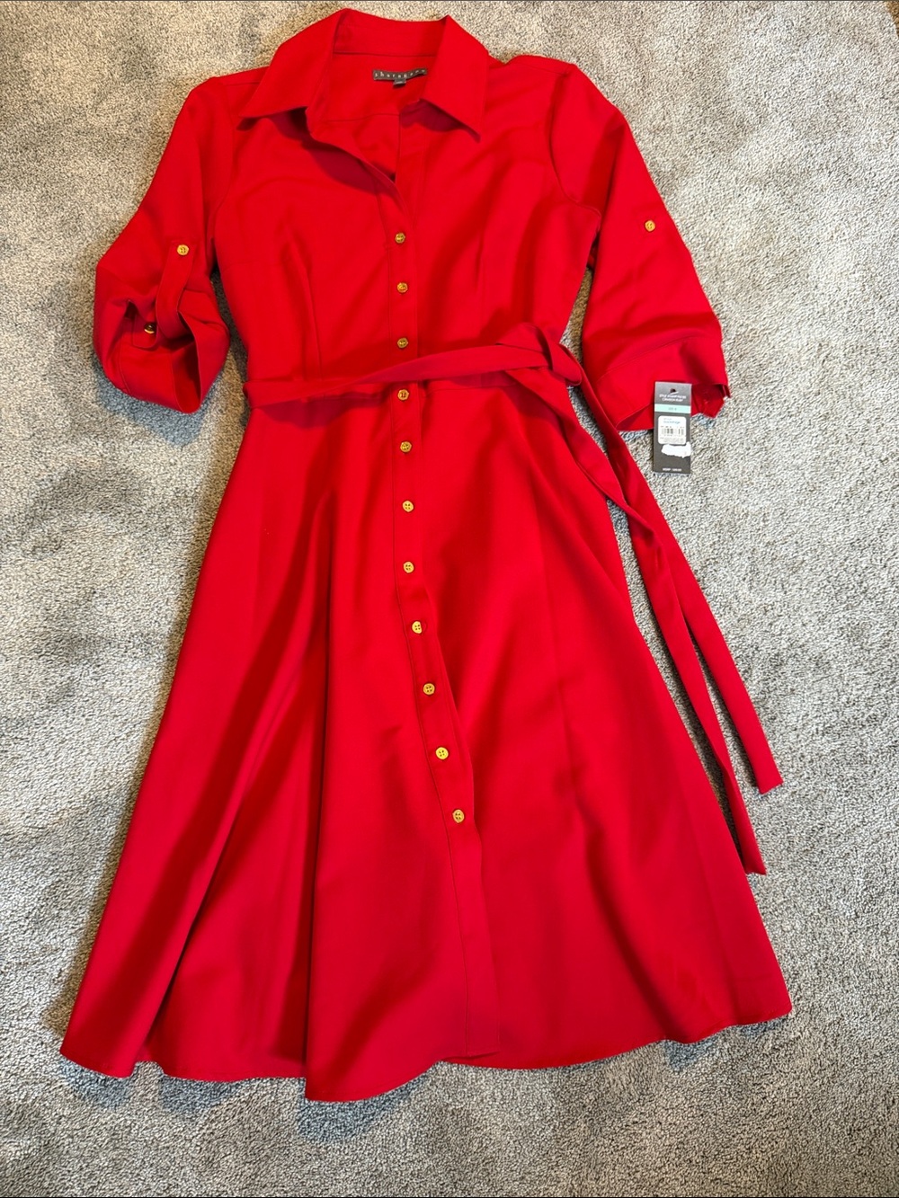 NWT Sharagano Women’s Crimson Red Button-Front Shirt Dress with Waist Tie